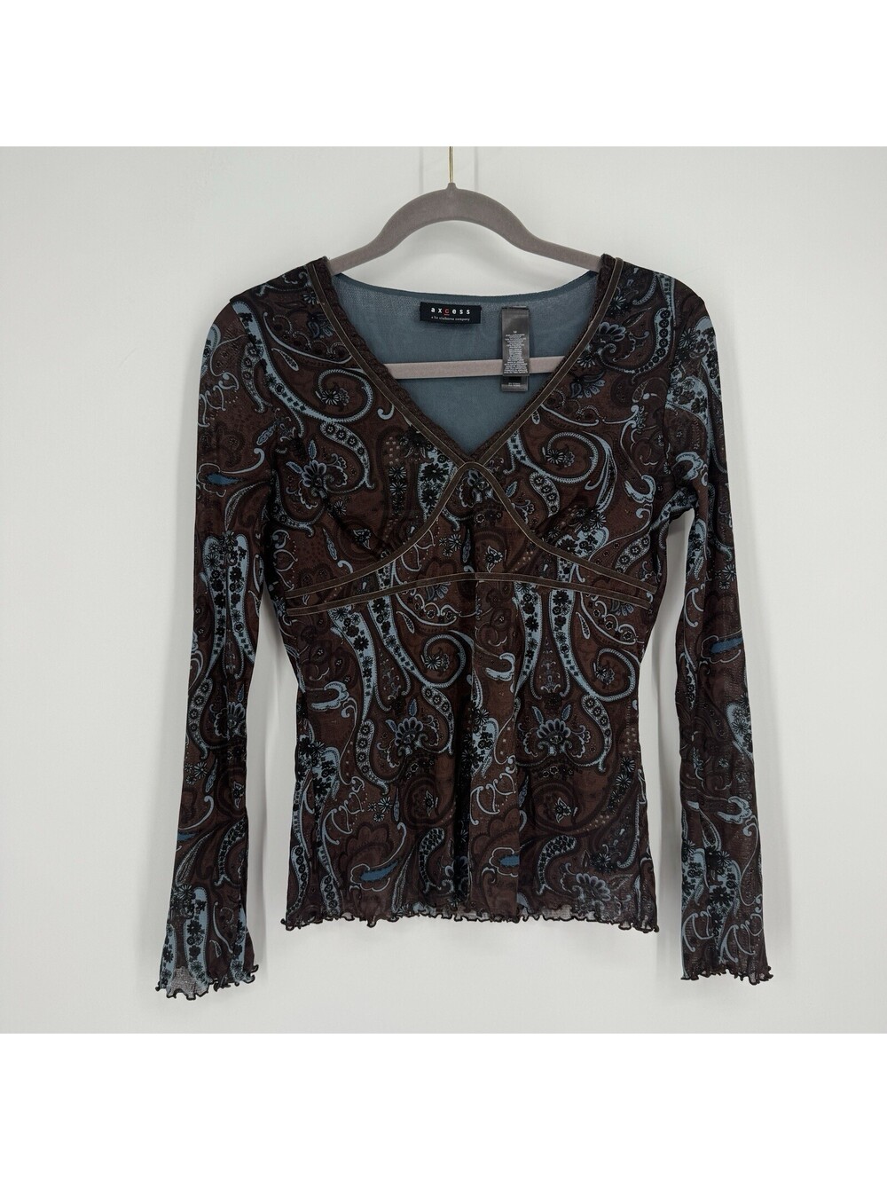 Vintage 90s y2k Axcess top medium M brown teal babydoll sheer mesh v-neck fall